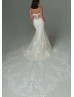 Ivory Embroidered Lace Tulle Wedding Dress With Detachable Crystal Straps